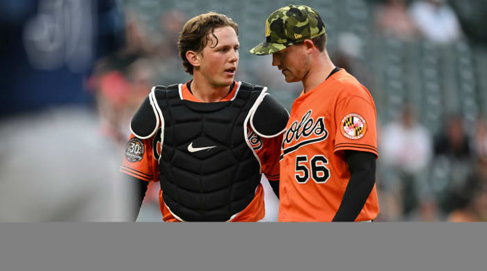 Adley Rutschman speaks with Orioles pitcher Kyle Bradish.